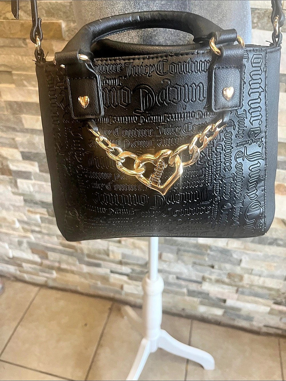 Juicy Couture Embossed Monogram Logo Satchel with Heart Chain Black